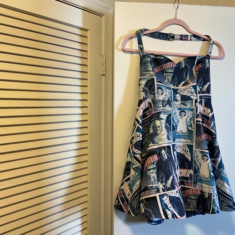 Dolls Kill x Monsters Halter Dress with Halloween movie poster print